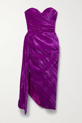RASARIO - Draped Strapless Velvet Midi Dress - Purple
