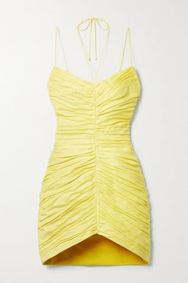 RASARIO - Ruched Linen-blend Halterneck Mini Dress - Yellow
