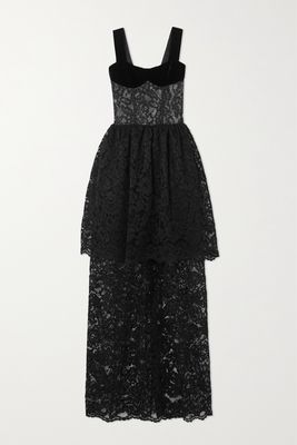 RASARIO - Tiered Velvet-trimmed Guipure Lace Gown - Black