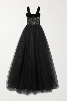 RASARIO - Velvet-trimmed Guipure-lace And Tulle Gown - Black