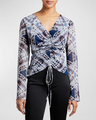 Ravela Ruched Abstract-Print Blouse