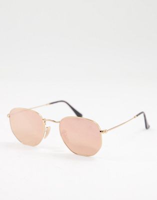 Ray-Ban hexagonal sunglasses in gold with pink lens