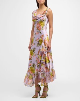 Raya Faded Chrysanthemum Sleeveless Cowl Midi Dress