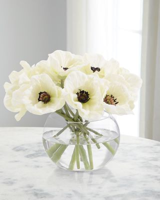 Real Touch White Poppies 7" Faux Floral Arrangement in Glass Vase