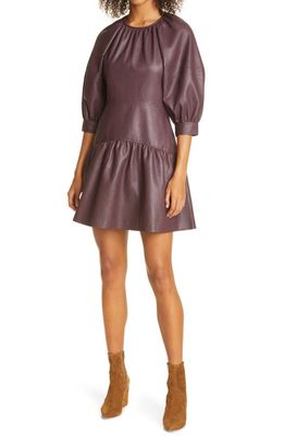 Rebecca Taylor Faux Leather Puff Sleeve Dress in Port
