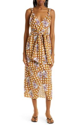 Rebecca Taylor Gingham Daisy Cotton Faux Wrap Midi Dress in Gingham Daisey Toffee Combo