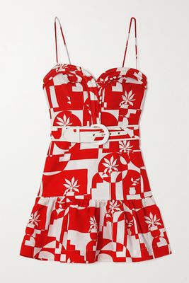 Rebecca Vallance - Barcelona Belted Printed Linen-blend Mini Dress - Red