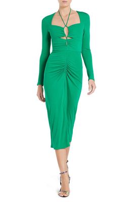 Rebecca Vallance Edie Ruched Long Sleeve Matte Jersey Midi Dress in Golf Green