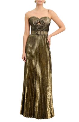 Rebecca Vallance Josie Belted Metallic Plissé Gown in Gold