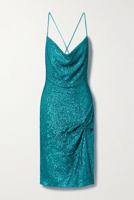 Rebecca Vallance - Missing Hours Gathered Sequined Knitted Midi Dress - Blue