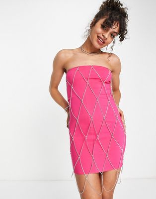 Rebellious Fashion bandeau mini dress with rhinestone overlay in pink