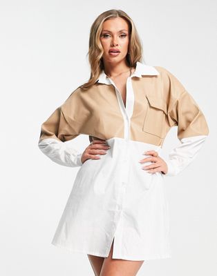 Rebellious Fashion faux leather panel shirt dress in white and stone-Neutral