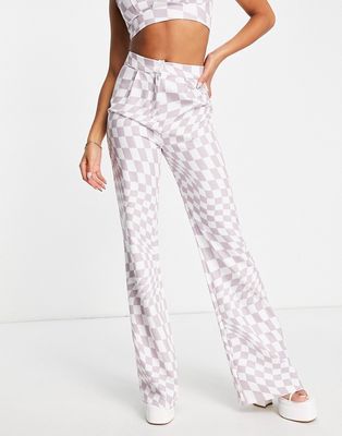 Rebellious Fashion high rise pants in lilac checkerboard - part of a set-Purple