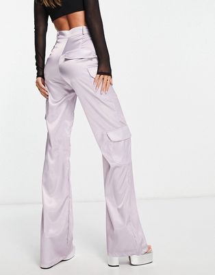 Rebellious Fashion high waist satin cargo pants in lilac-Purple