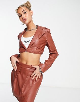 Rebellious Fashion leather look cropped shirt in chocolate - part of a set-Brown