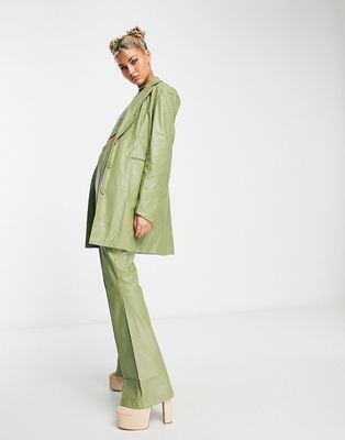 Rebellious Fashion leather look oversized blazer in khaki - part of a set-Green