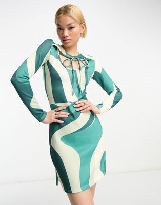 Rebellious Fashion mini dress with tie neck detail in green swirl print-Multi