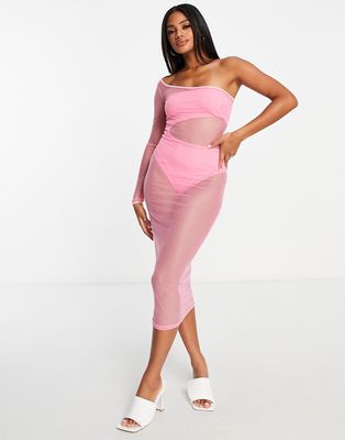 Rebellious Fashion one shoulder body-conscious mesh dress in pink