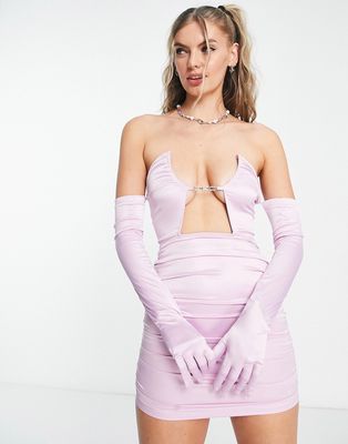 Rebellious Fashion satin mini dress with gloves in lilac-Purple