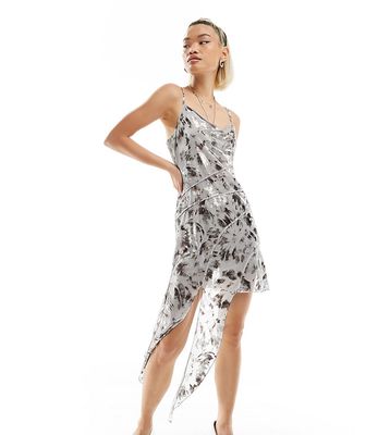 Reclaimed Vintage asymmetric midi dress in abstract silver print