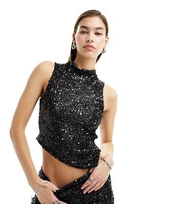 Reclaimed Vintage backless sequin top in black - part of a set