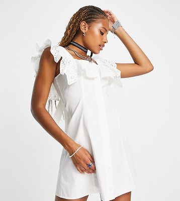 Reclaimed Vintage button front dress with broderie ruffle collar in white