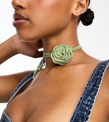 Reclaimed Vintage crochet corsage choker necklace in green