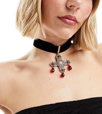 Reclaimed Vintage drippy cross velvet choker necklace-Black
