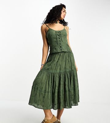 Reclaimed Vintage embroidred prairie midi skirt in dark washed khaki-Green