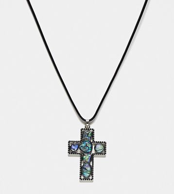 Reclaimed Vintage faux abalone stone cross cord necklace-Multi