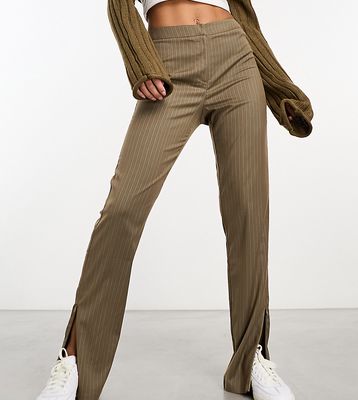 Reclaimed Vintage flare pants with zip side slits in brown pinstripe-Multi