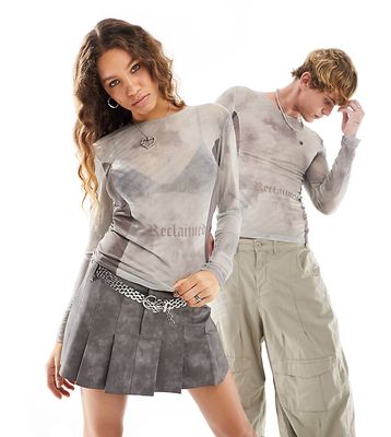 Reclaimed Vintage genderless shrunken long sleeve mesh top in gray