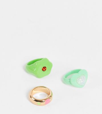 Reclaimed Vintage Inspired 3-pack unisex chunky mixed shapes rings with plastic stones in bright resin-Multi