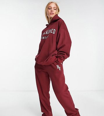 Reclaimed Vintage Inspired cotton blend inclusive wide leg sweatpants with varsity logo in burgundy - part of a set - BURGUNDY