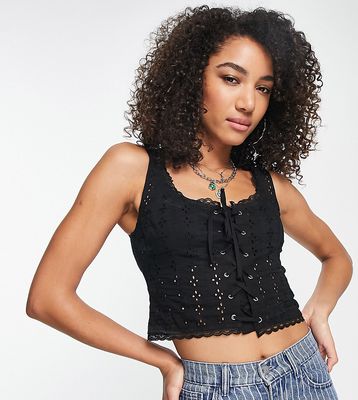 Reclaimed Vintage Inspired eyelet cami top with lace up detail in black