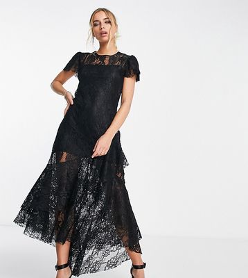 Reclaimed Vintage inspired lace midaxi dress with frill details in black-Blue