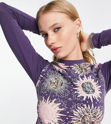 Reclaimed Vintage Inspired long sleeve top with sun and moon print in purple-Multi