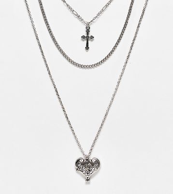 Reclaimed Vintage inspired multi row mecklace with burnished heart and cross-Gold