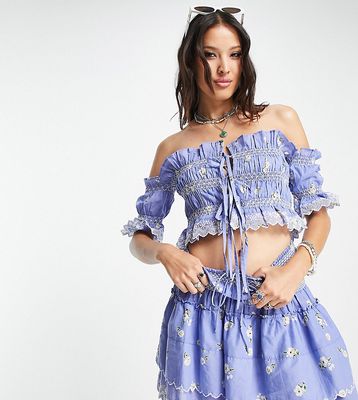Reclaimed Vintage Inspired ruffle top in blue floral - part of a set