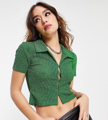 Reclaimed Vintage inspired slim button up top in green sparkle