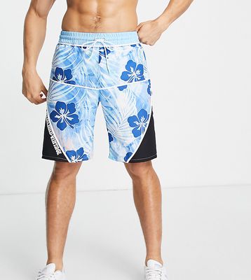 Reclaimed Vintage Inspired swim board shorts in blue Hawaiian print