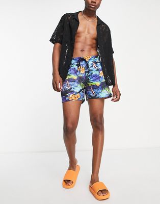 Reclaimed vintage inspired swim shorts in tropical beach scene - MULTI