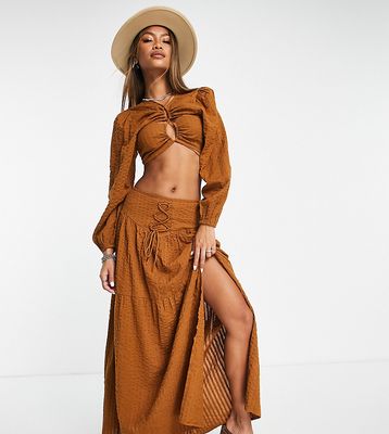 Reclaimed Vintage Inspired textured tie front maxi skirt in brown - part of a set