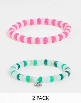 Reclaimed Vintage inspired unisex bracelet 2 pack with smiley charm in pink and green-Multi