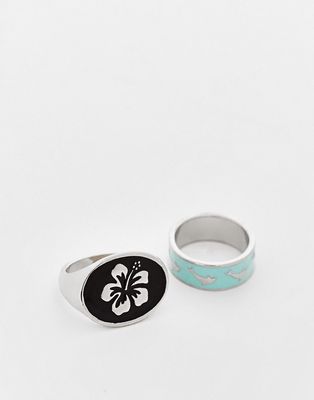 Reclaimed Vintage Inspired unisex hibiscus and dolphin ring-Silver