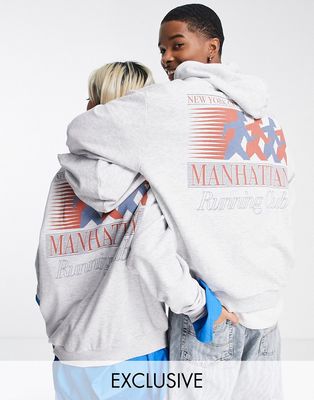Reclaimed Vintage inspired unisex hoodie with manhattan back print in gray heather