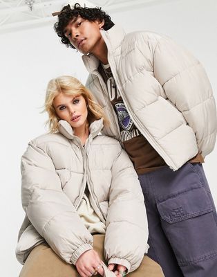 Reclaimed Vintage inspired unisex puffer jacket in off white-Purple