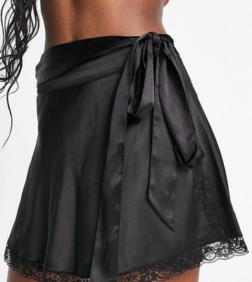 Reclaimed Vintage Inspired wrap mini skirt with lace trim-Black