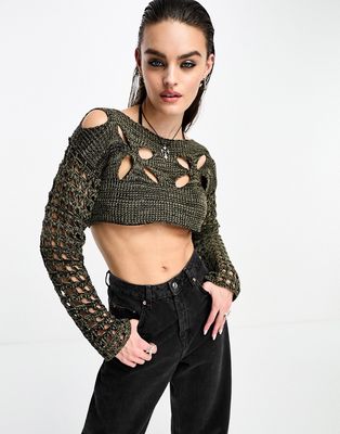 Reclaimed Vintage knit cut-out cropped shrug sweater in washed black