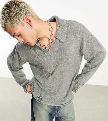 Reclaimed Vintage knit polo sweater with distressing in gray